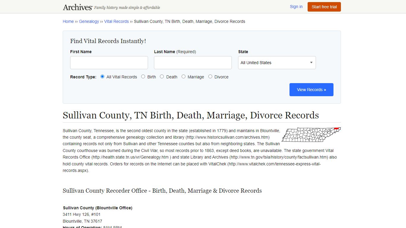 Sullivan County, TN Birth, Death, Marriage, Divorce Records