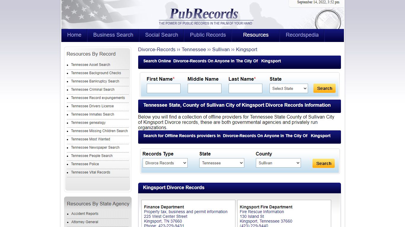 Kingsport, Sullivan County, Tennessee Divorce Records